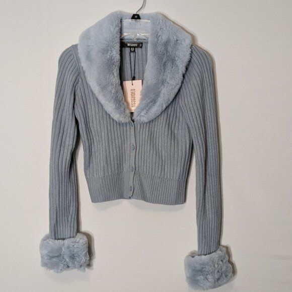 Missguided Sweaters - Women's MISSGUIDED, Short Cropped Blue Button Cardigan Sweater, Faux Fur; Size 6